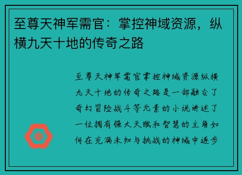 至尊天神军需官：掌控神域资源，纵横九天十地的传奇之路