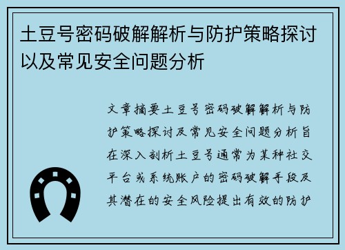 土豆号密码破解解析与防护策略探讨以及常见安全问题分析